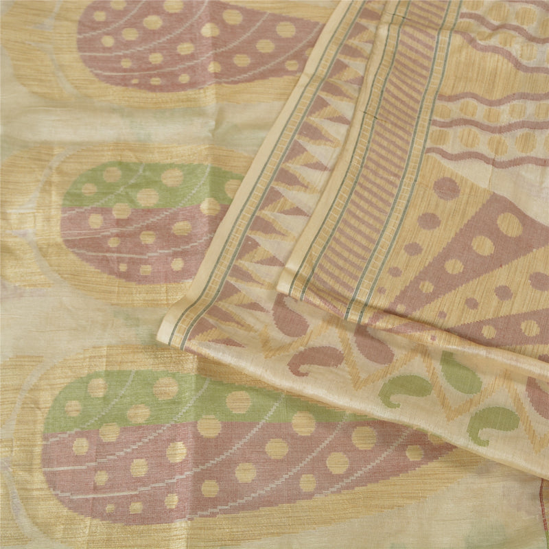 Санскрити Винтаж Ivory Indian Sarees Blend Silk Woven Sari Craft 5 Yards Sustainable Fabric