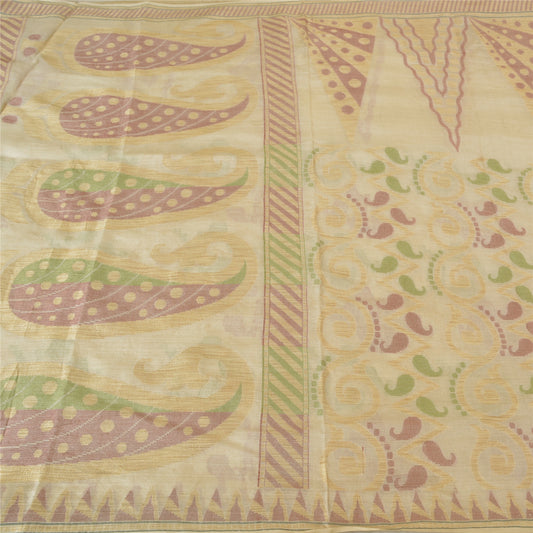 Sanskriti Vintage Ivory Indian Sarees Blend Silk Woven Sari Craft 5 Yard Sustainable Fabric