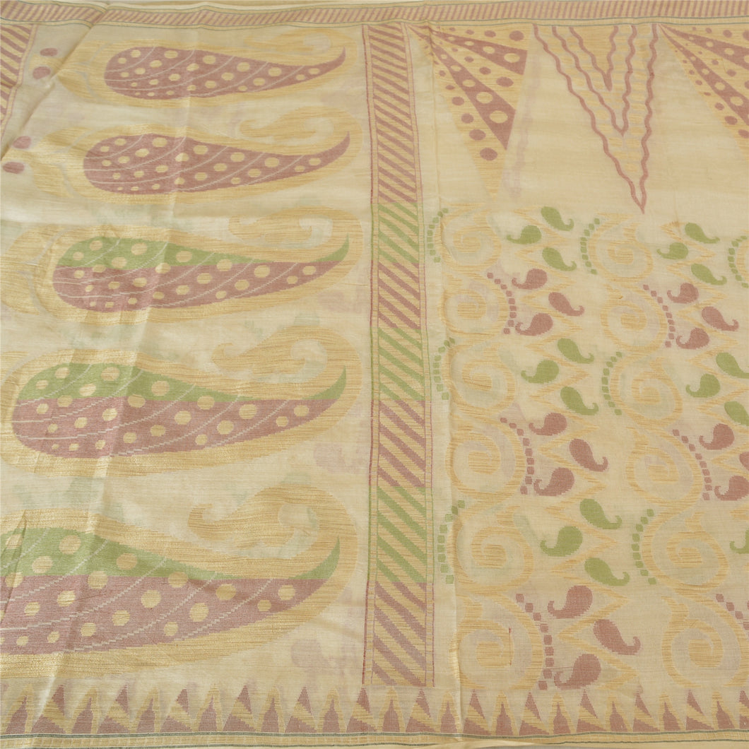 Sanskriti Vintage Ivory Indian Sarees Blend Silk Woven Sari Craft 5 Yard Fabric