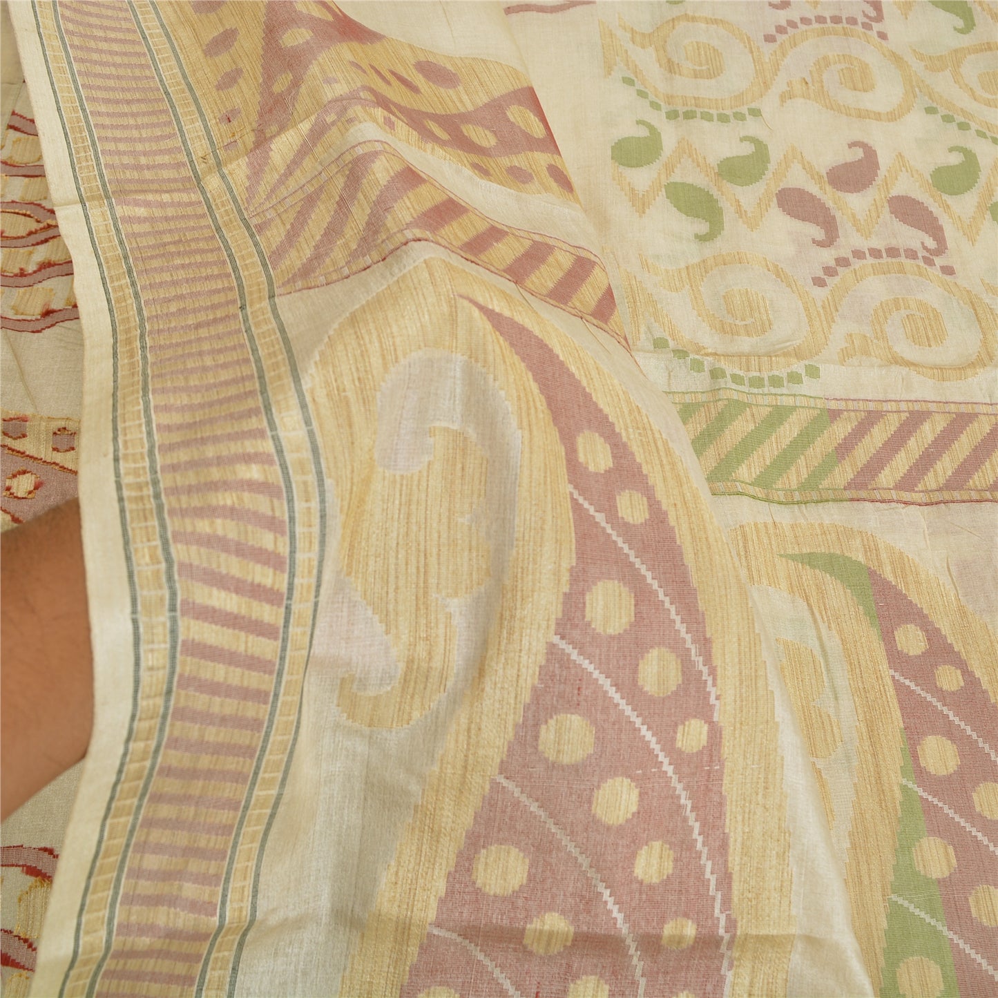 Sanskriti Vintage Ivory Indian Sarees Blend Silk Woven Sari Craft 5 Yard Sustainable Fabric