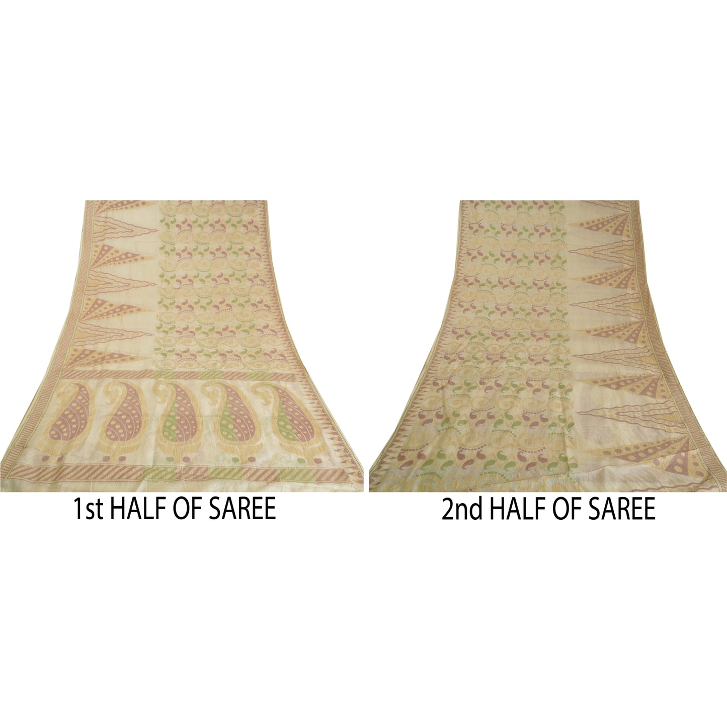 Sanskriti Vintage Ivory Indian Sarees Blend Silk Woven Sari Craft 5 Yard Sustainable Fabric