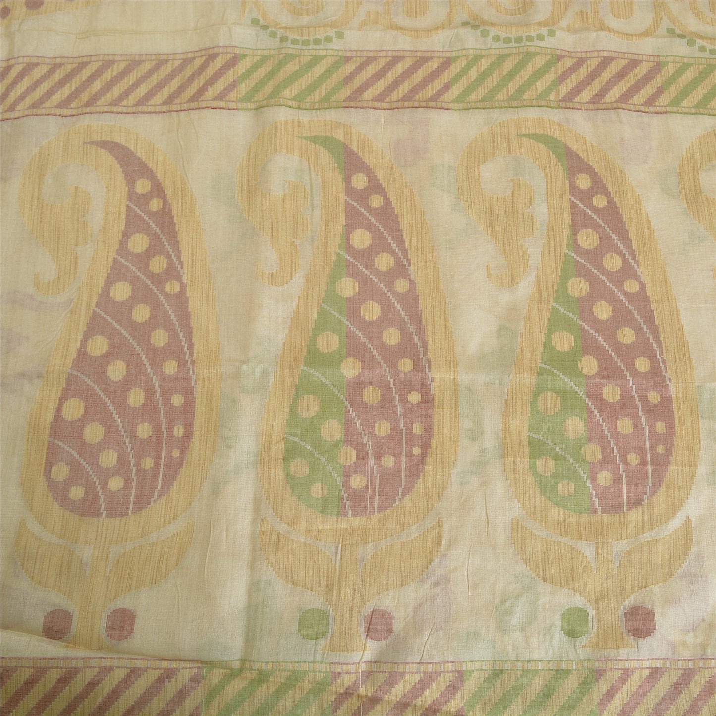 Sanskriti Vintage Ivory Indian Sarees Blend Silk Woven Sari Craft 5 Yard Sustainable Fabric