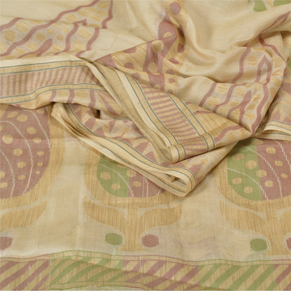 Sanskriti Vintage Ivory Indian Sarees Blend Silk Woven Sari Craft 5 Yard Sustainable Fabric