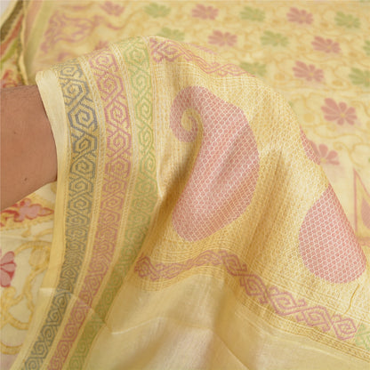 Sanskriti Vintage Ivory Indian Sarees 100% Pure Silk Woven Sari Craft Sustainable Fabric