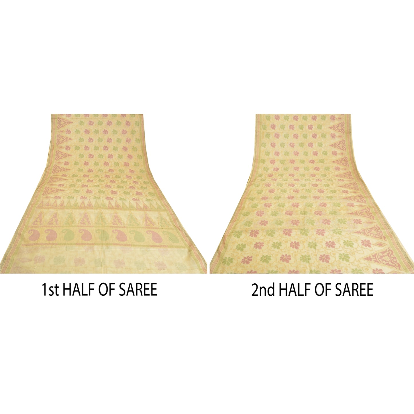 Sanskriti Vintage Ivory Indian Sarees 100% Pure Silk Woven Sari Craft Sustainable Fabric