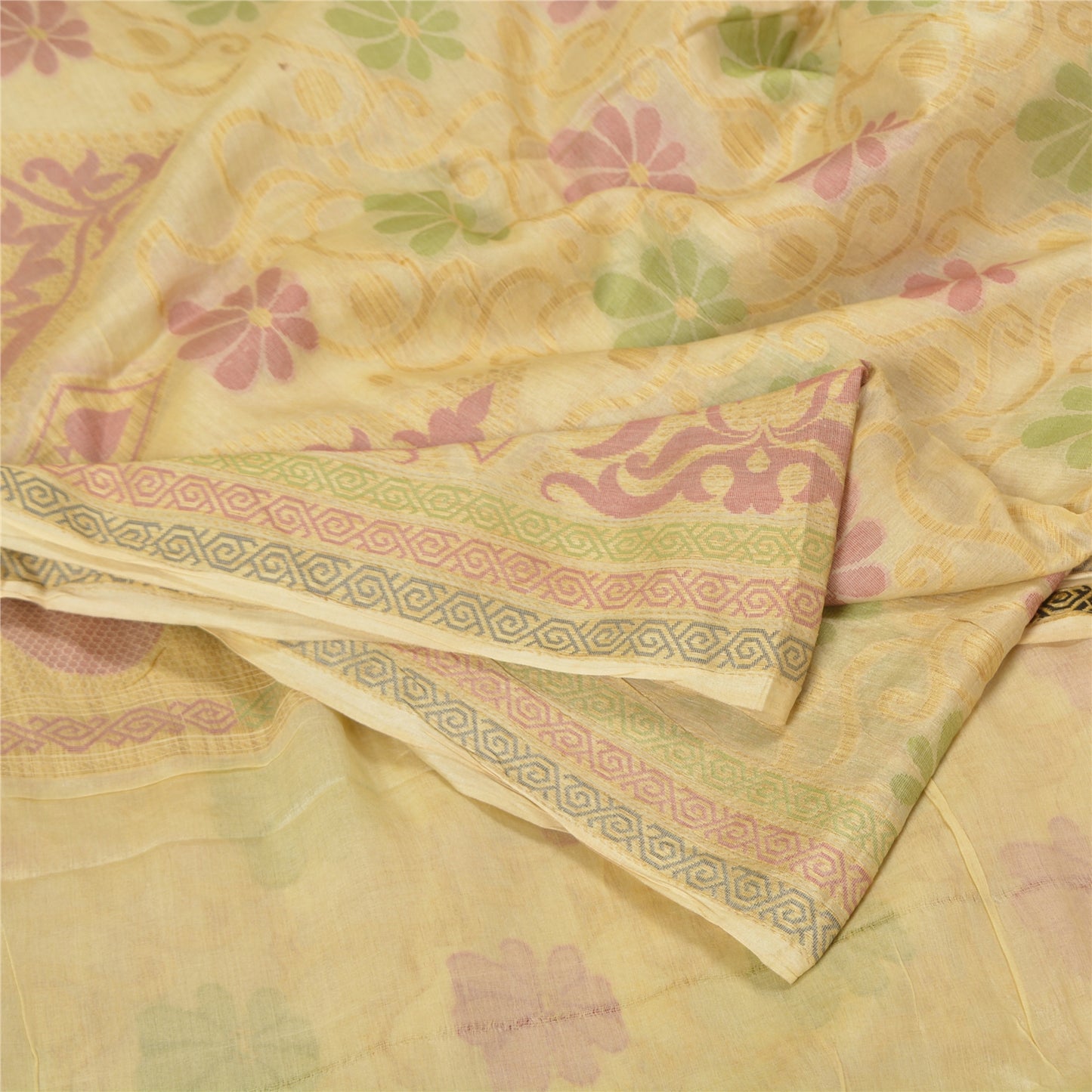 Sanskriti Vintage Ivory Indian Sarees 100% Pure Silk Woven Sari Craft Sustainable Fabric