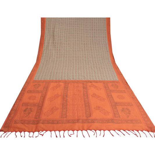 Sanskriti Vintage Orange/Grey Sarees Blend Silk Hand-Block Printed Sari Sustainable Fabric