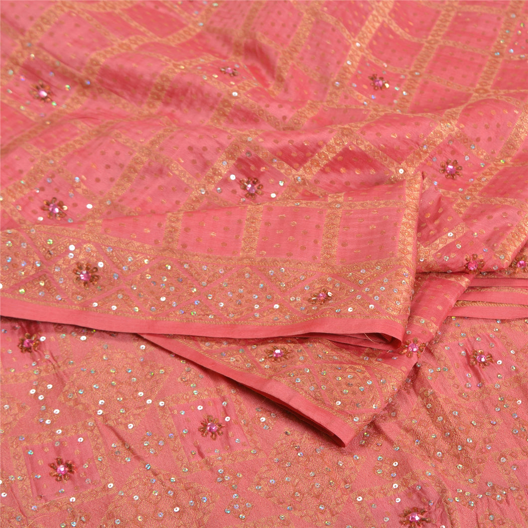 Sanskriti Vintage Pink Sarees Pure Silk Hand Beaded Woven Premium Sari Fabric