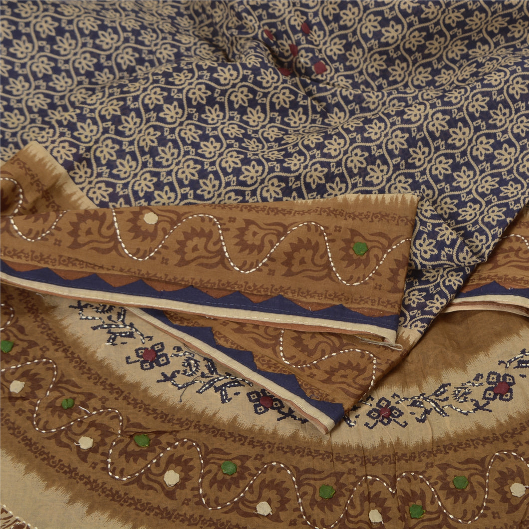 Sanskriti Vintage Brown/Blue Sarees Pure Cotton Hand Beaded Kantha Sari Fabric