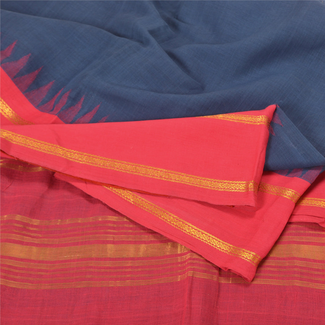 Sanskriti Vintage Blue/Pink Indian Sarees Pure Cotton Woven Zari Sari Fabric