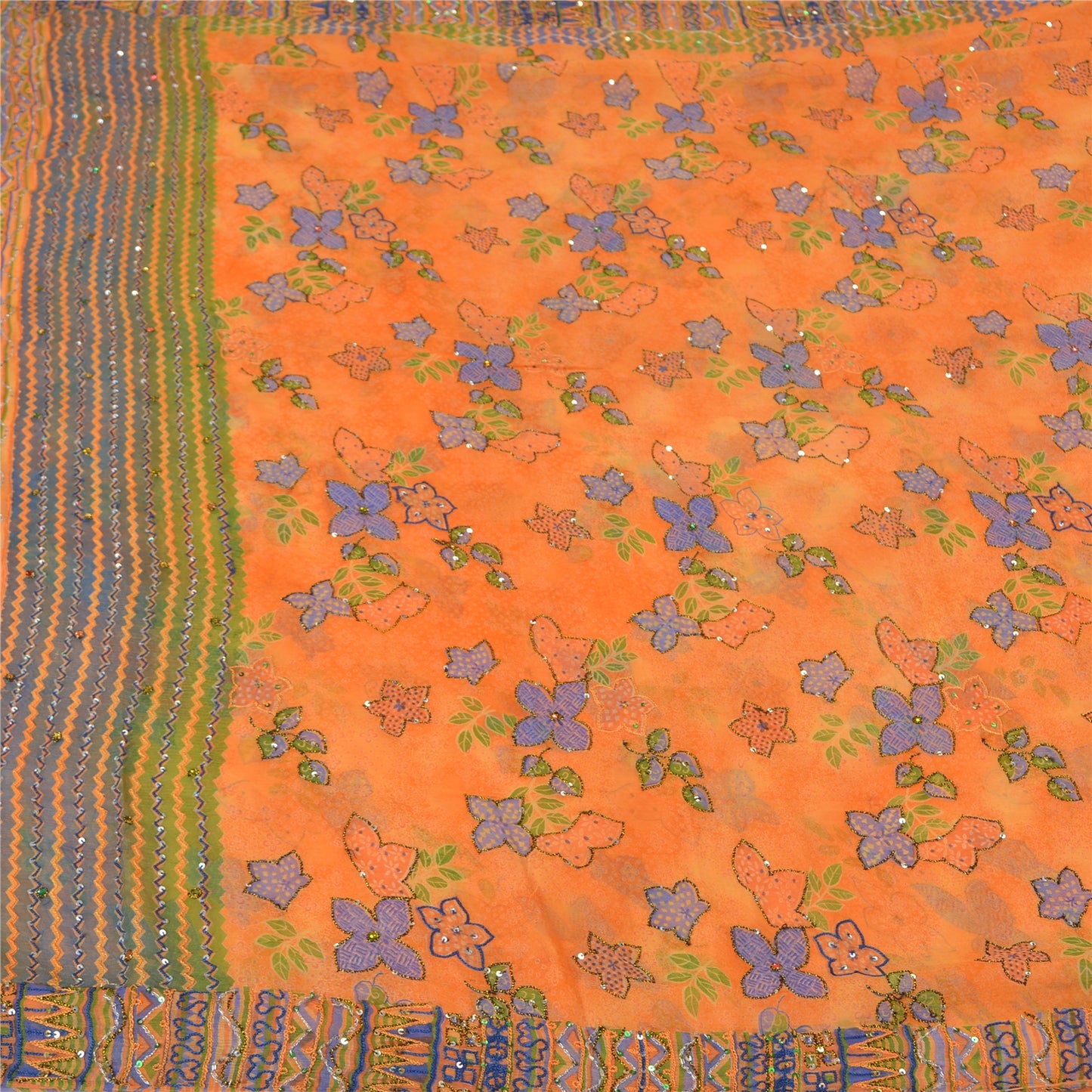 Sanskriti Vintage Orange Bollywood Sarees Pure Georgette Hand Beaded Sari Sustainable Fabric