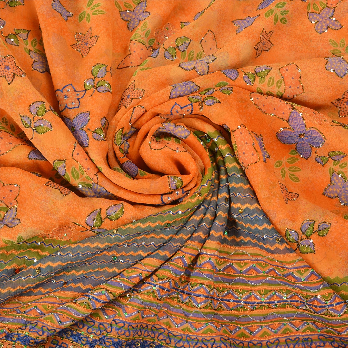 Sanskriti Vintage Orange Bollywood Sarees Pure Georgette Hand Beaded Sari Sustainable Fabric