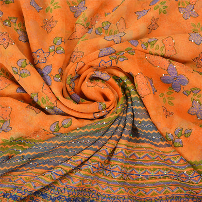 Sanskriti Vintage Orange Bollywood Sarees Pure Georgette Hand Beaded Sari Sustainable Fabric