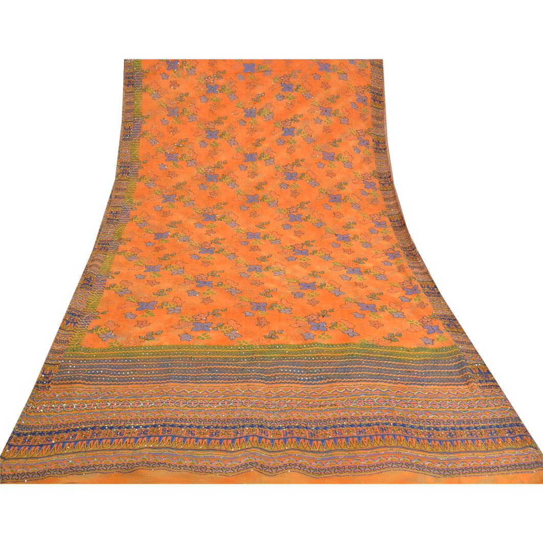 Sanskriti Vintage Orange Bollywood Sarees Pure Georgette Hand Beaded Sari Fabric