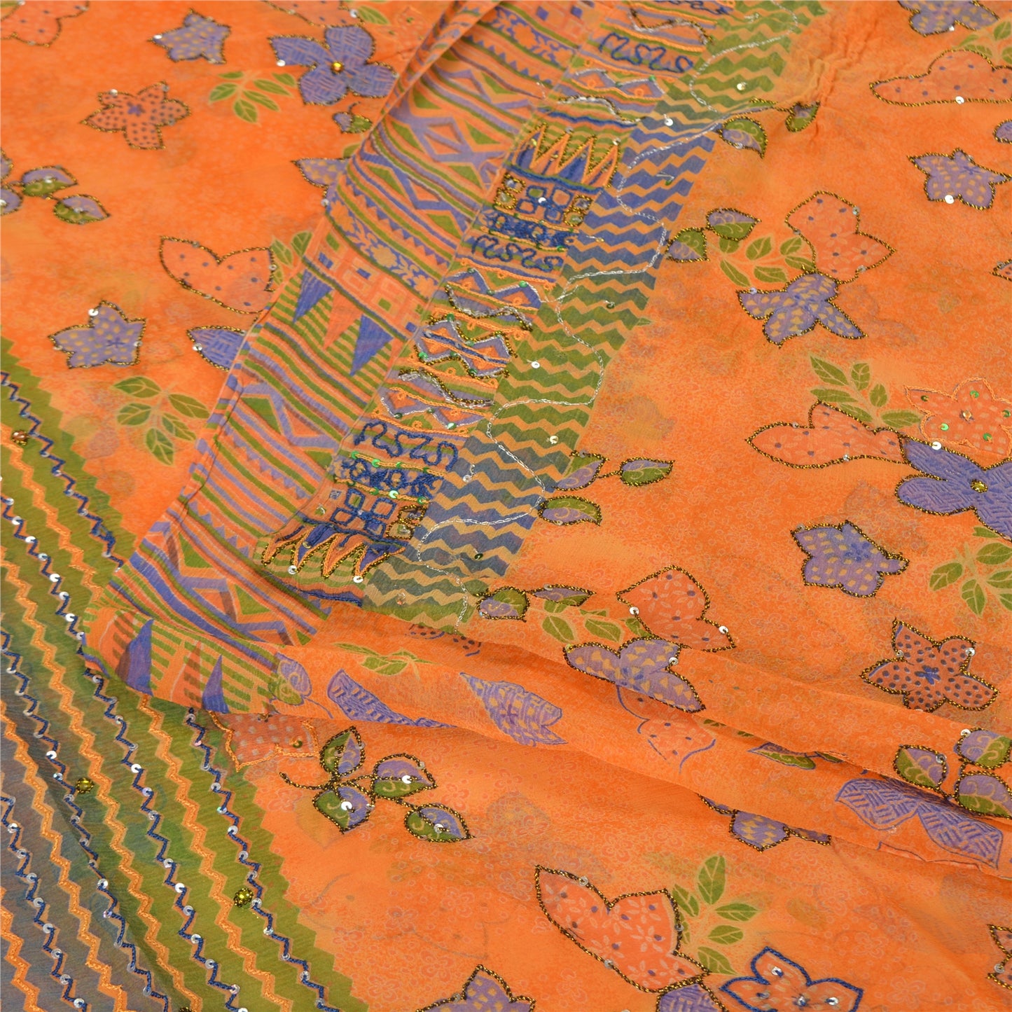 Sanskriti Vintage Orange Bollywood Sarees Pure Georgette Hand Beaded Sari Sustainable Fabric