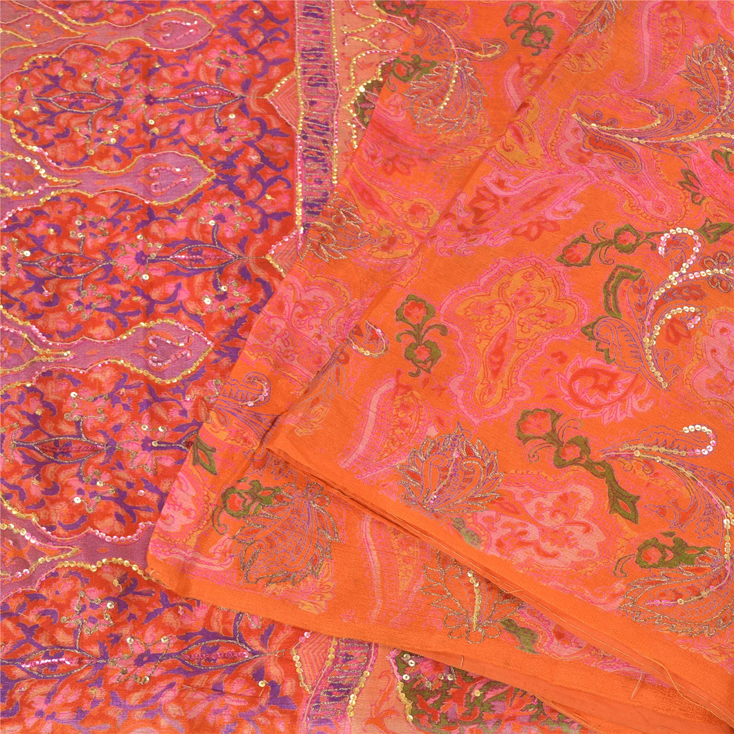 Sanskriti Vintage Orange Sarees 100% Pure Silk Hand Beaded Sari Craft  Fabric
