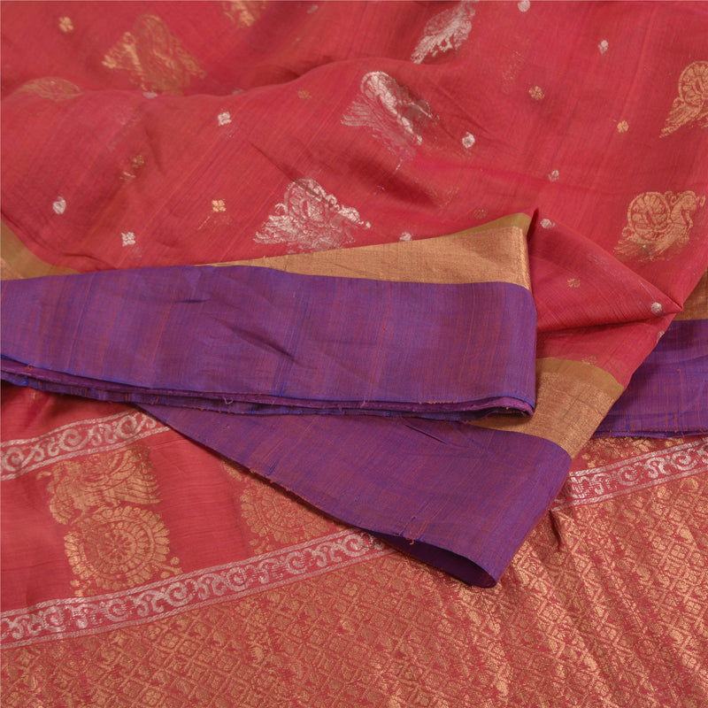 Sanskriti Vintage Woven Cotton Silk Sari: Dark Red & Purple Craft Fabric (5yd) Add-Elegance to Table Linen, Curtains, or Cushions