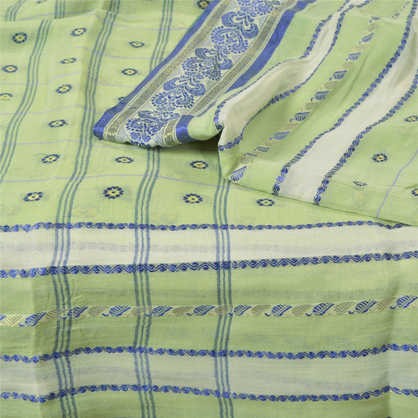 Санскритские винтажные зеленые сари из 100% чистого хлопка, тканая премиальная ткань для сари из экологически чистой ткани