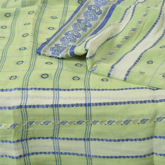 Sanskriti Vintage Green Sarees 100% Pure Cotton Woven Premium Sari Craft Sustainable Fabric