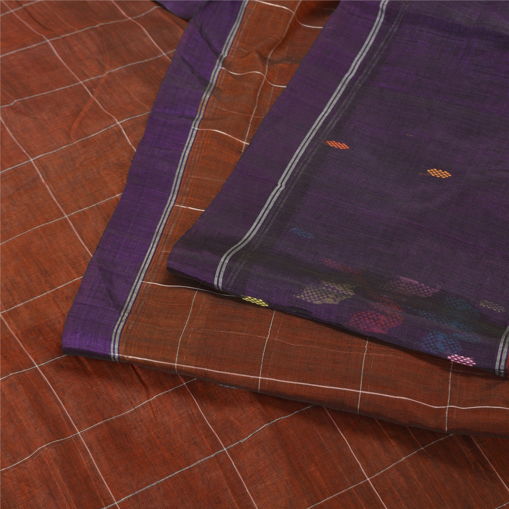 Sanskriti Vintage Brown/Purple Sarees Pure Cotton Hand-Woven Sari Craft Sustainable Fabric
