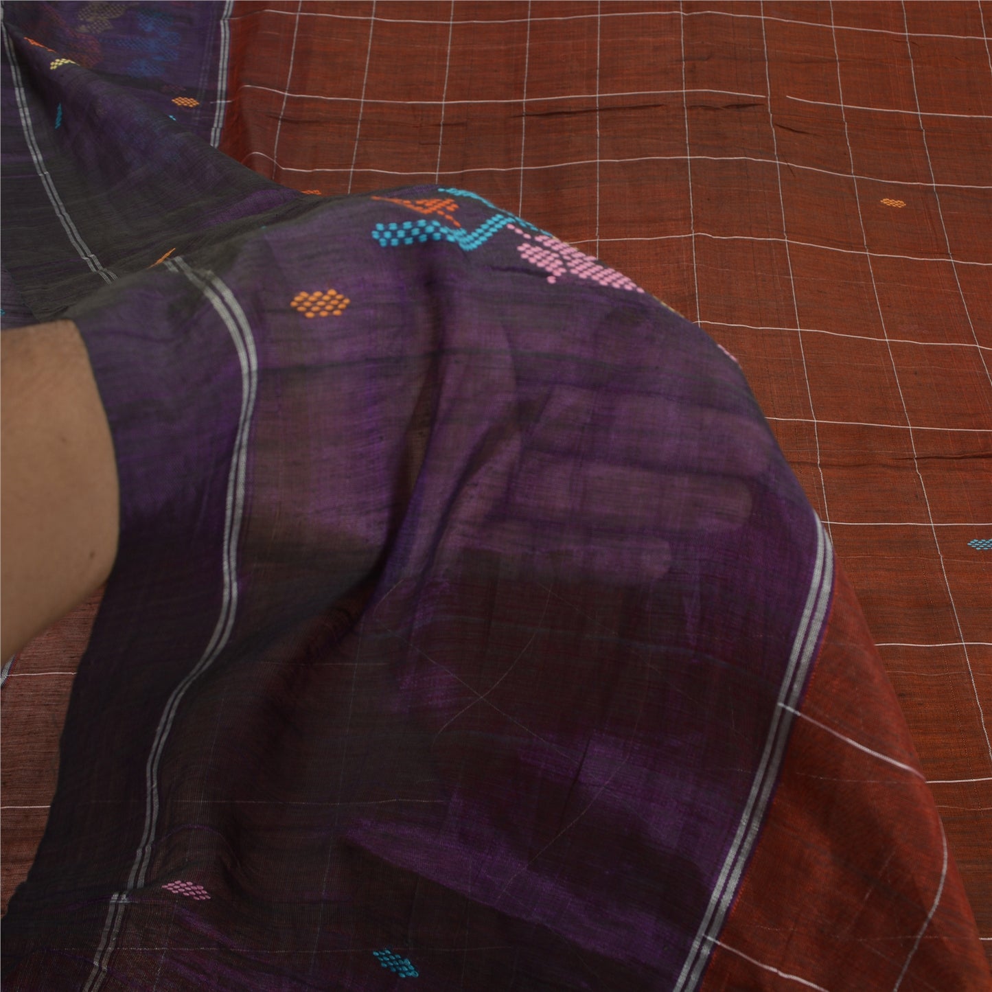 Sanskriti Vintage Brown/Purple Sarees Pure Cotton Hand-Woven Sari Craft Sustainable Fabric