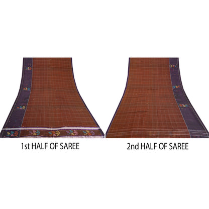 Sanskriti Vintage Brown/Purple Sarees Pure Cotton Hand-Woven Sari Craft Sustainable Fabric