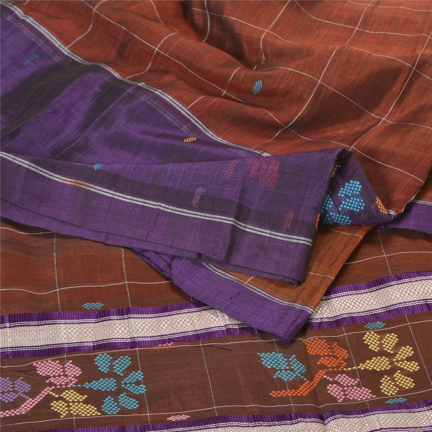 Sanskriti Vintage Brown/Purple Sarees Pure Cotton Hand-Woven Sari Craft Sustainable Fabric