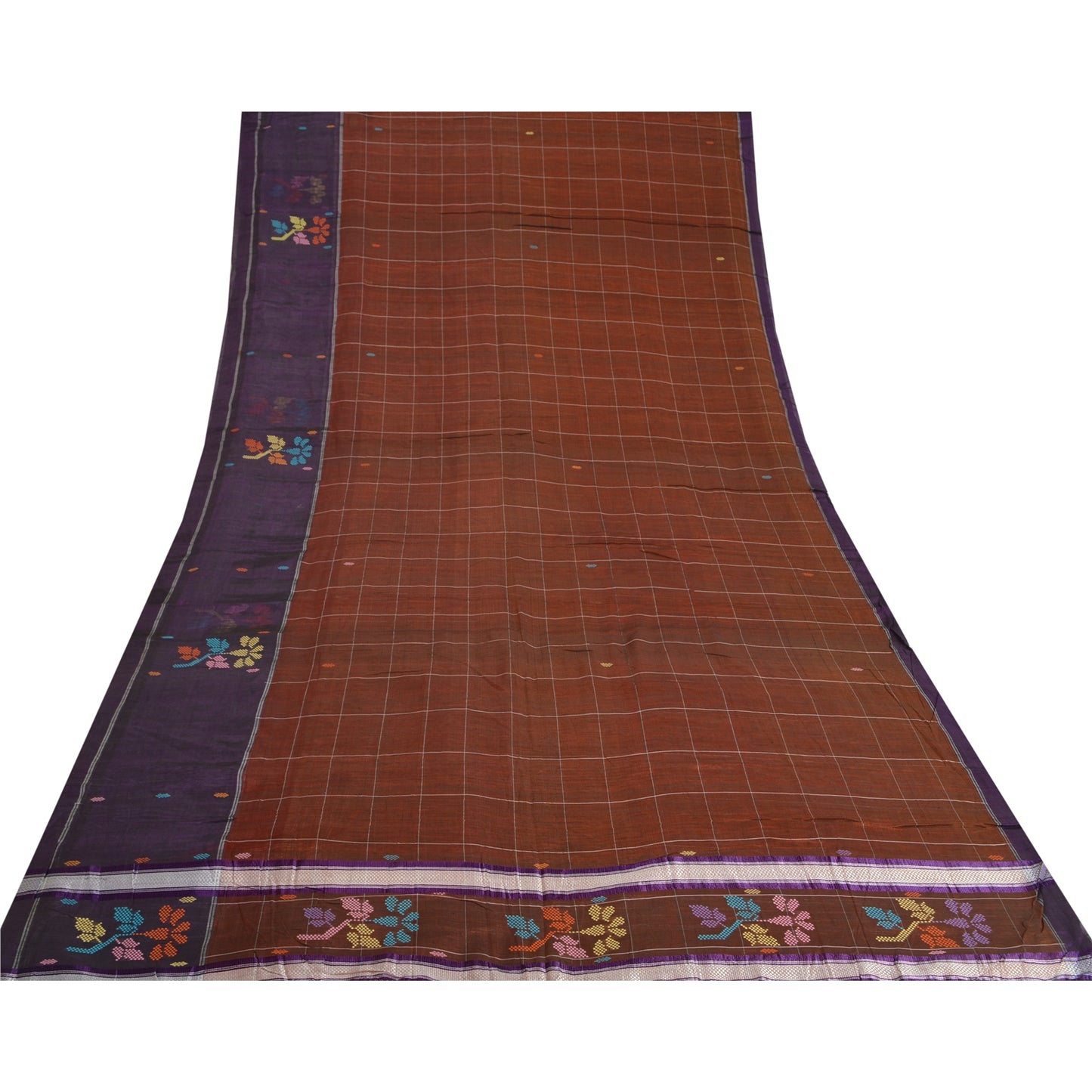 Sanskriti Vintage Brown/Purple Sarees Pure Cotton Hand-Woven Sari Craft Sustainable Fabric