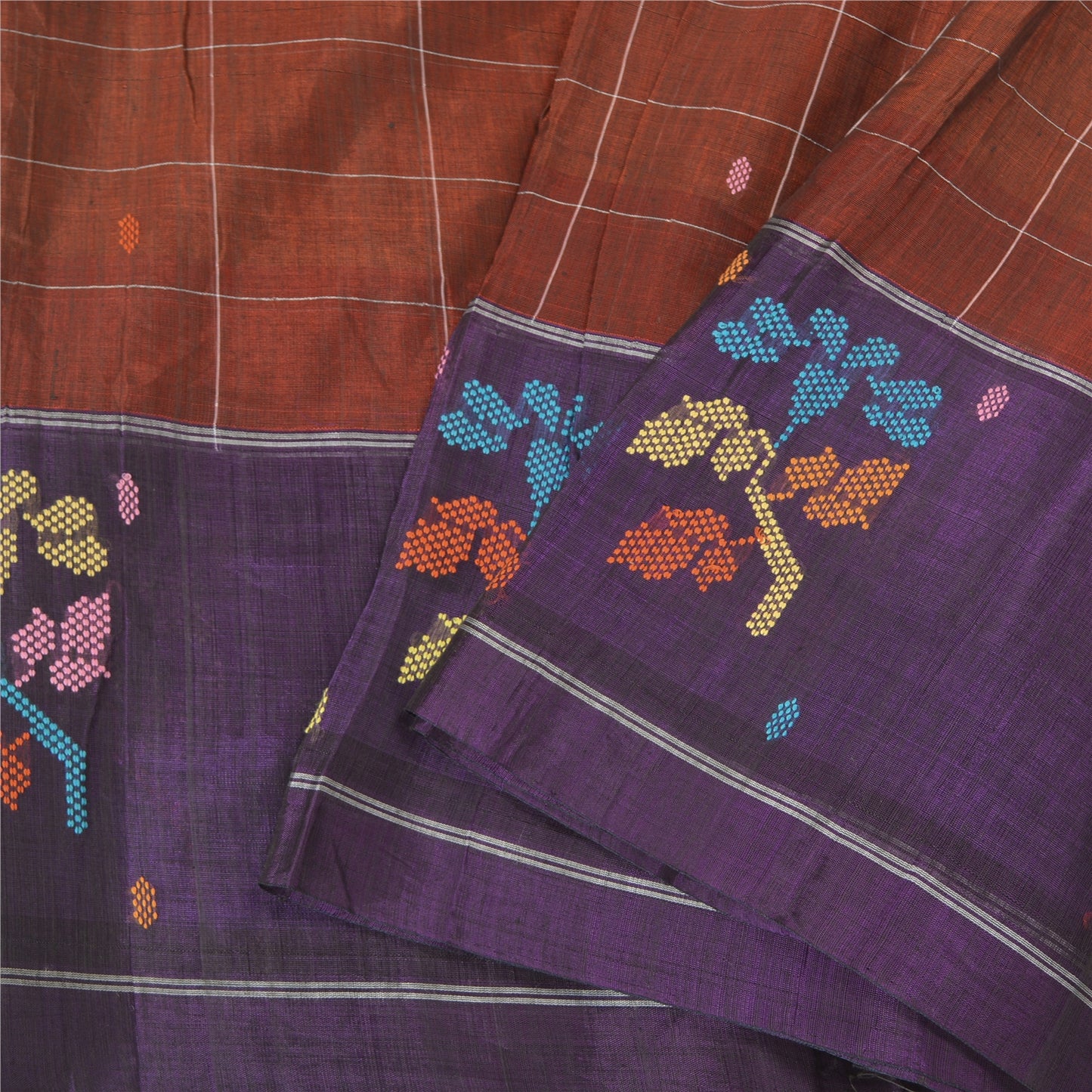 Sanskriti Vintage Brown/Purple Sarees Pure Cotton Hand-Woven Sari Craft Sustainable Fabric