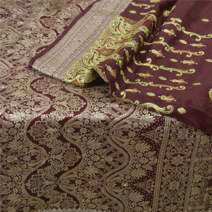 Sanskriti Vintage Purple Sarees Pure Silk Hand Beaded Woven Sari Craft Sustainable Fabric