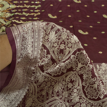 Sanskriti Vintage Purple Sarees Pure Silk Hand Beaded Woven Sari Craft Sustainable Fabric