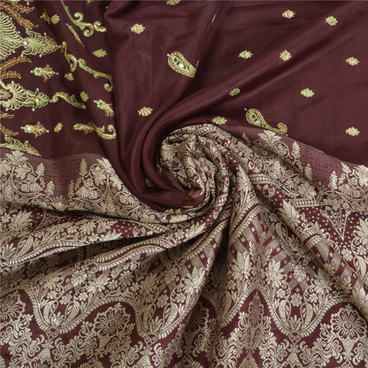 Sanskriti Vintage Purple Sarees Pure Silk Hand Beaded Woven Sari Craft Sustainable Fabric