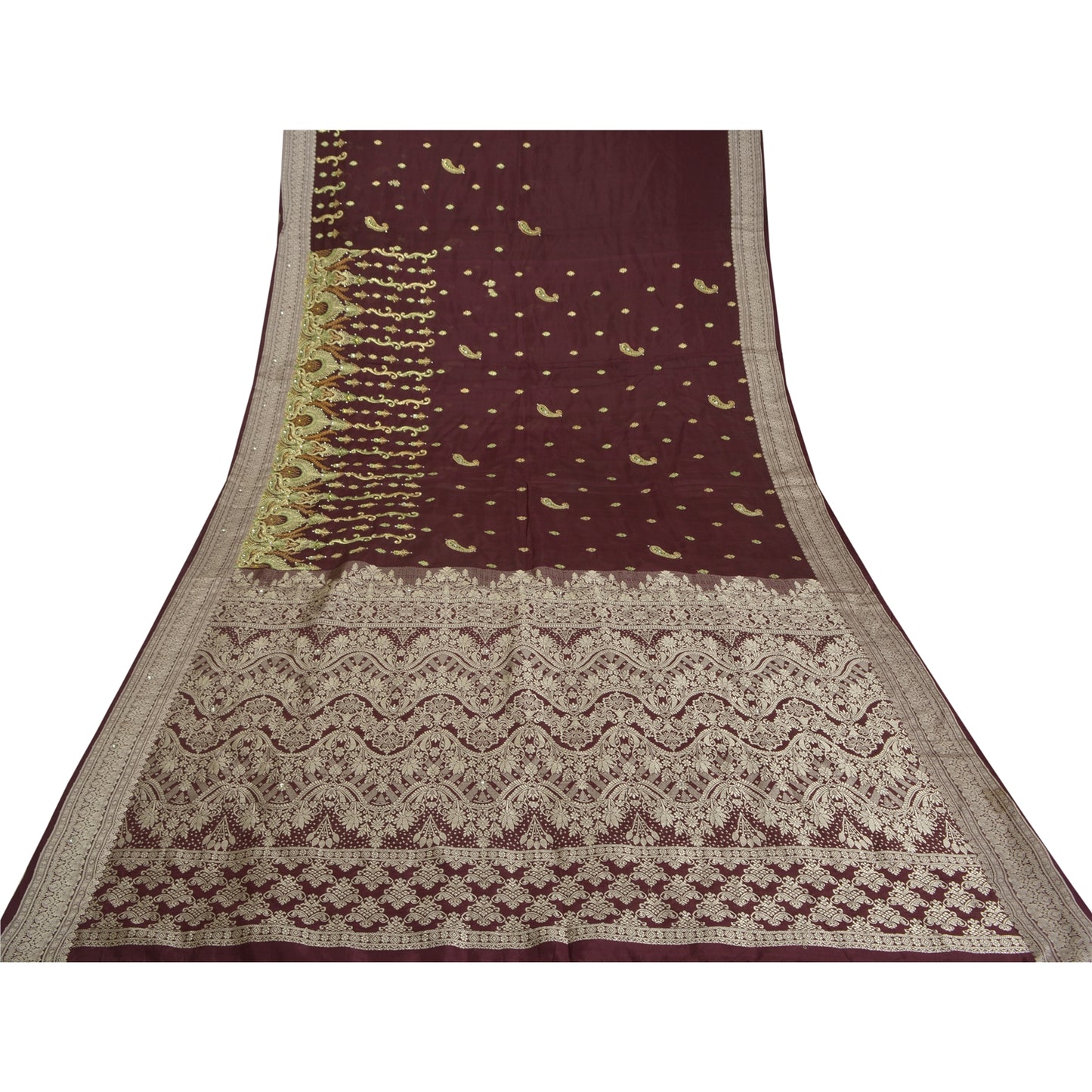 Sanskriti Vintage Purple Sarees Pure Silk Hand Beaded Woven Sari Craft Sustainable Fabric