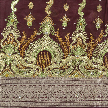 Sanskriti Vintage Purple Sarees Pure Silk Hand Beaded Woven Sari Craft Sustainable Fabric