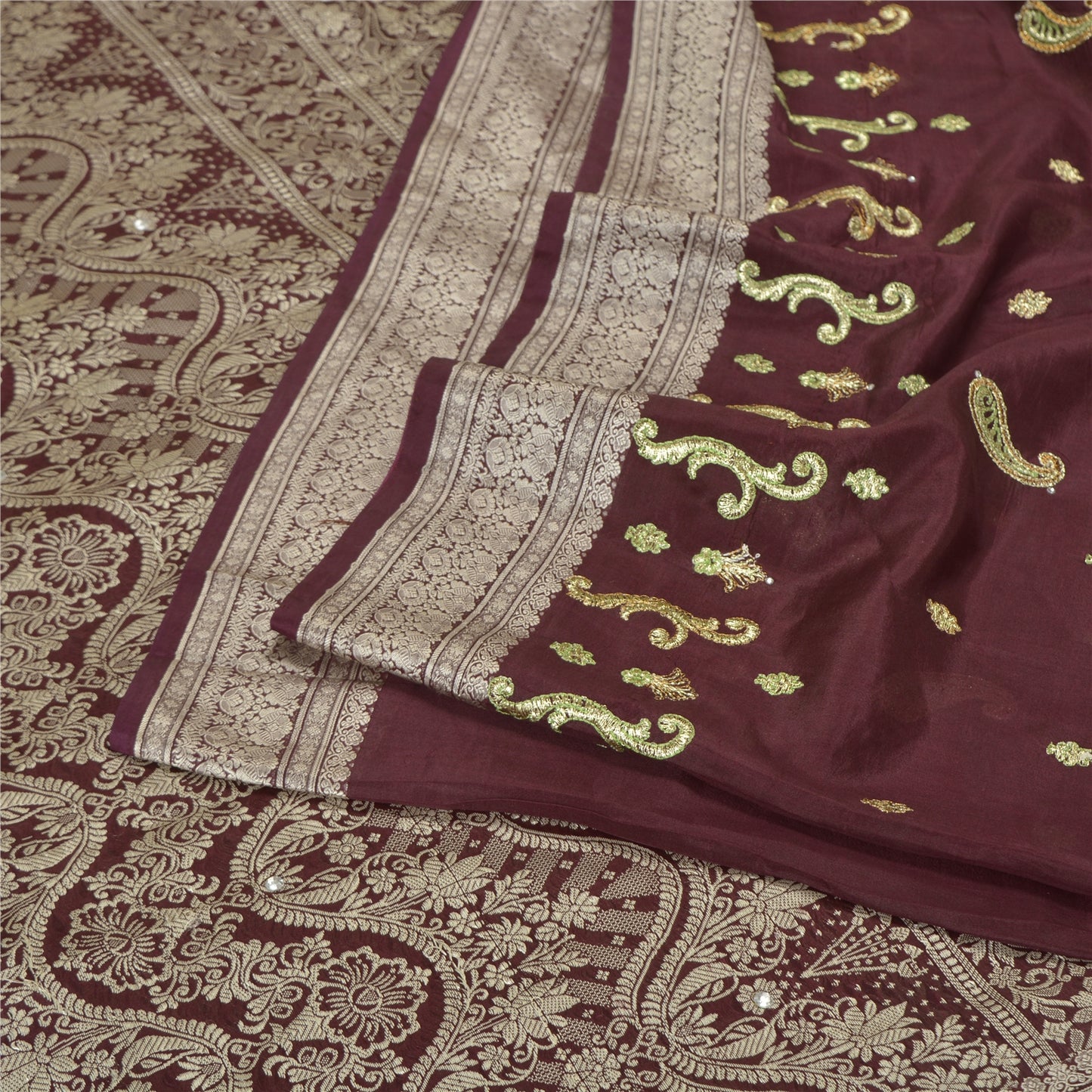 Sanskriti Vintage Purple Sarees Pure Silk Hand Beaded Woven Sari Craft Sustainable Fabric