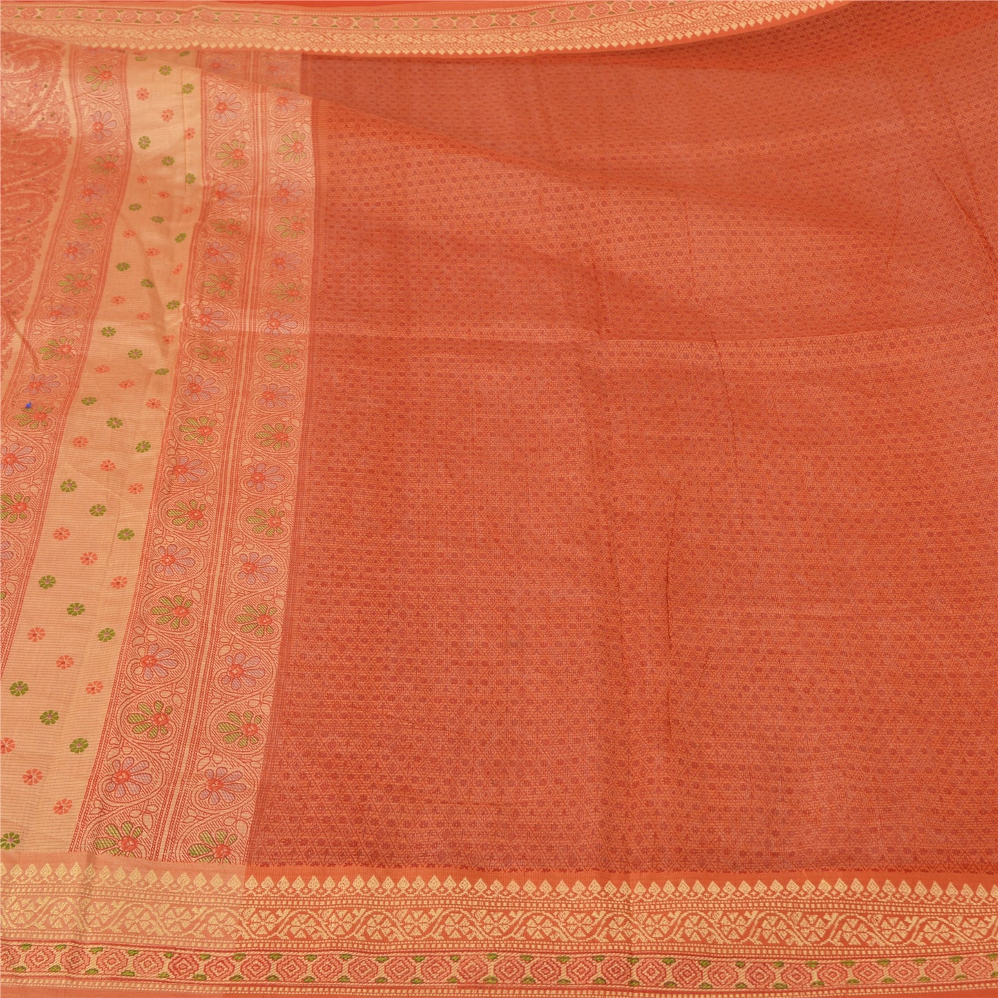 Сари Санскрити Винтаж Оранжевый Хлопок Шелк Напечатанный Тканый Сари Ремесло Экологичная Ткань