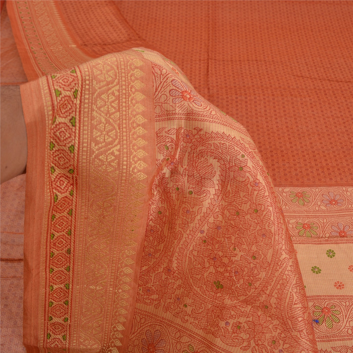 Сари Санскрити Винтаж Оранжевый Хлопок Шелк Напечатанный Тканый Сари Ремесло Экологичная Ткань