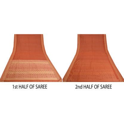 Сари Санскрити Винтаж Оранжевый Хлопок Шелк Напечатанный Тканый Сари Ремесло Экологичная Ткань