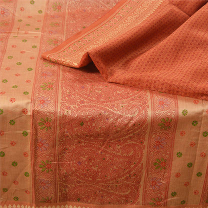 Сари Санскрити Винтаж Оранжевый Хлопок Шелк Напечатанный Тканый Сари Ремесло Экологичная Ткань