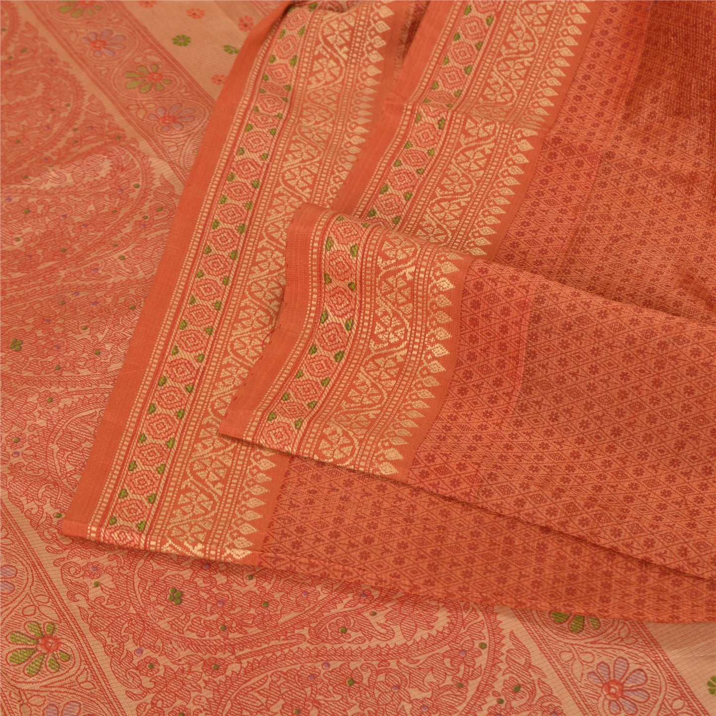 Сари Санскрити Винтаж Оранжевый Хлопок Шелк Напечатанный Тканый Сари Ремесло Экологичная Ткань