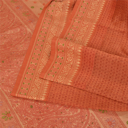 Сари Санскрити Винтаж Оранжевый Хлопок Шелк Напечатанный Тканый Сари Ремесло Экологичная Ткань