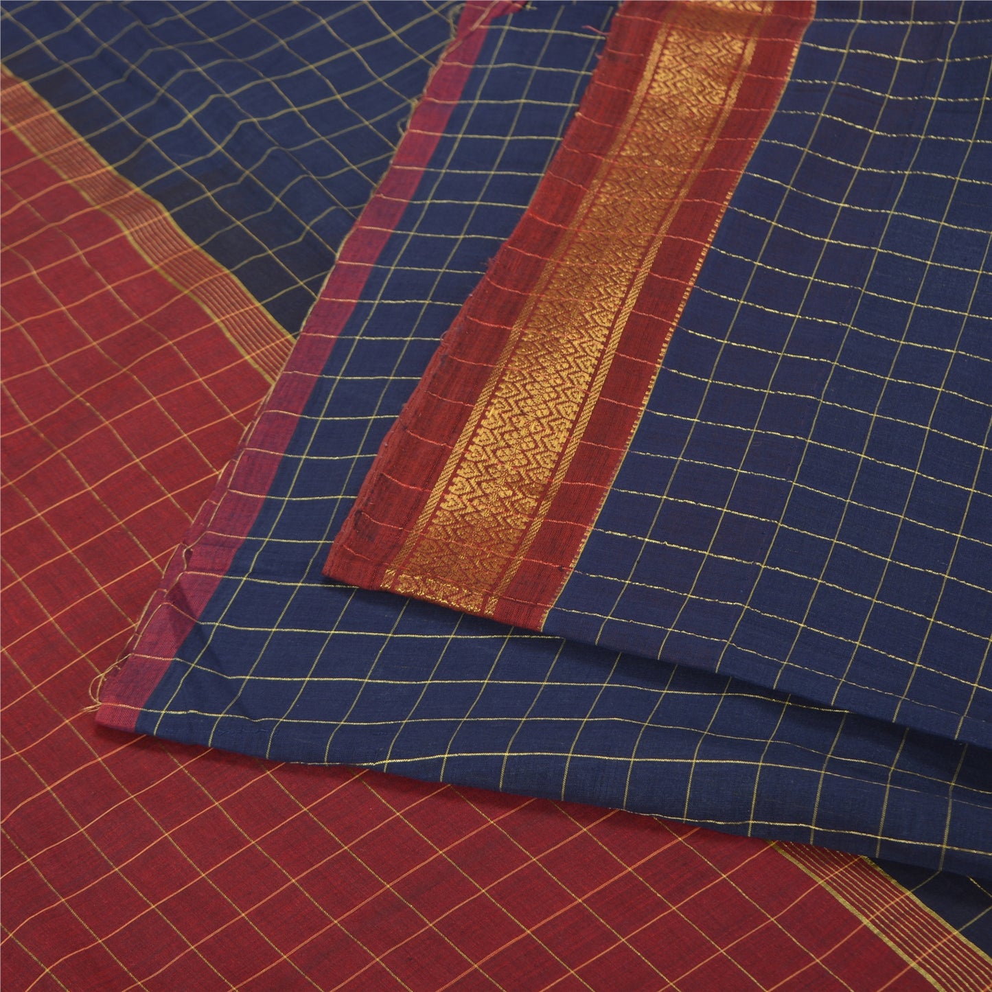Sanskriti Vintage Blue/Dark Red Indian Sarees Blend Silk Woven Sari 5 YD Sustainable Fabric