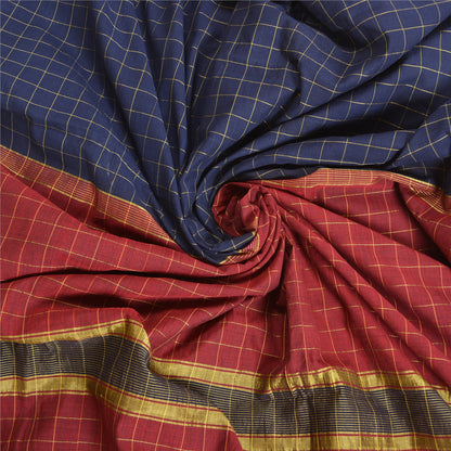 Sanskriti Vintage Blue/Dark Red Indian Sarees Blend Silk Woven Sari 5 YD Sustainable Fabric