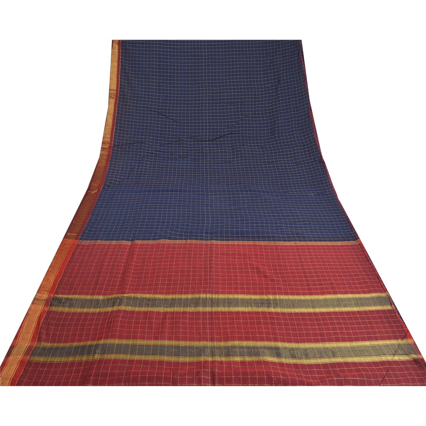 Sanskriti Vintage Blue/Dark Red Indian Sarees Blend Silk Woven Sari 5 YD Sustainable Fabric