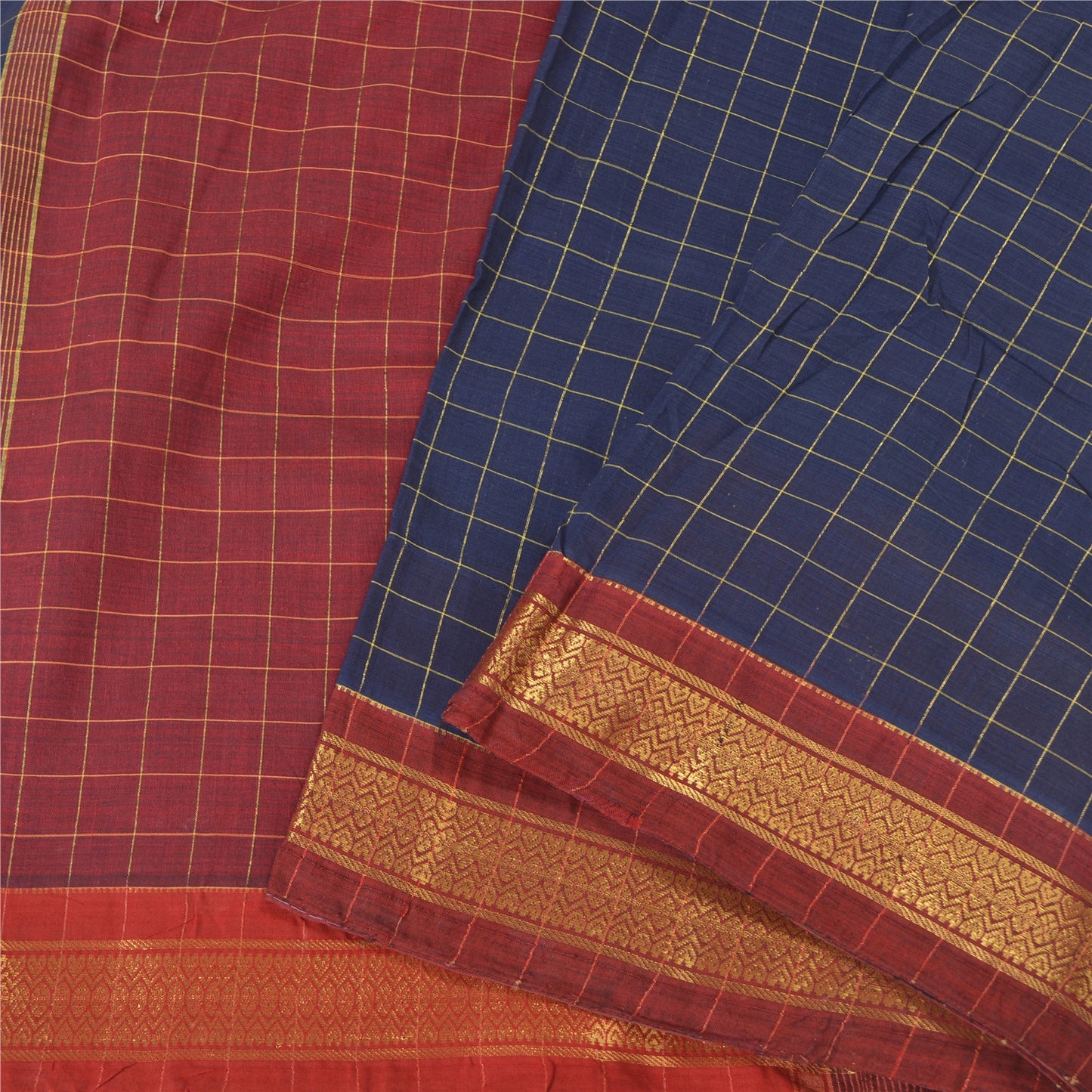 Sanskriti Vintage Blue/Dark Red Indian Sarees Blend Silk Woven Sari 5 YD Sustainable Fabric