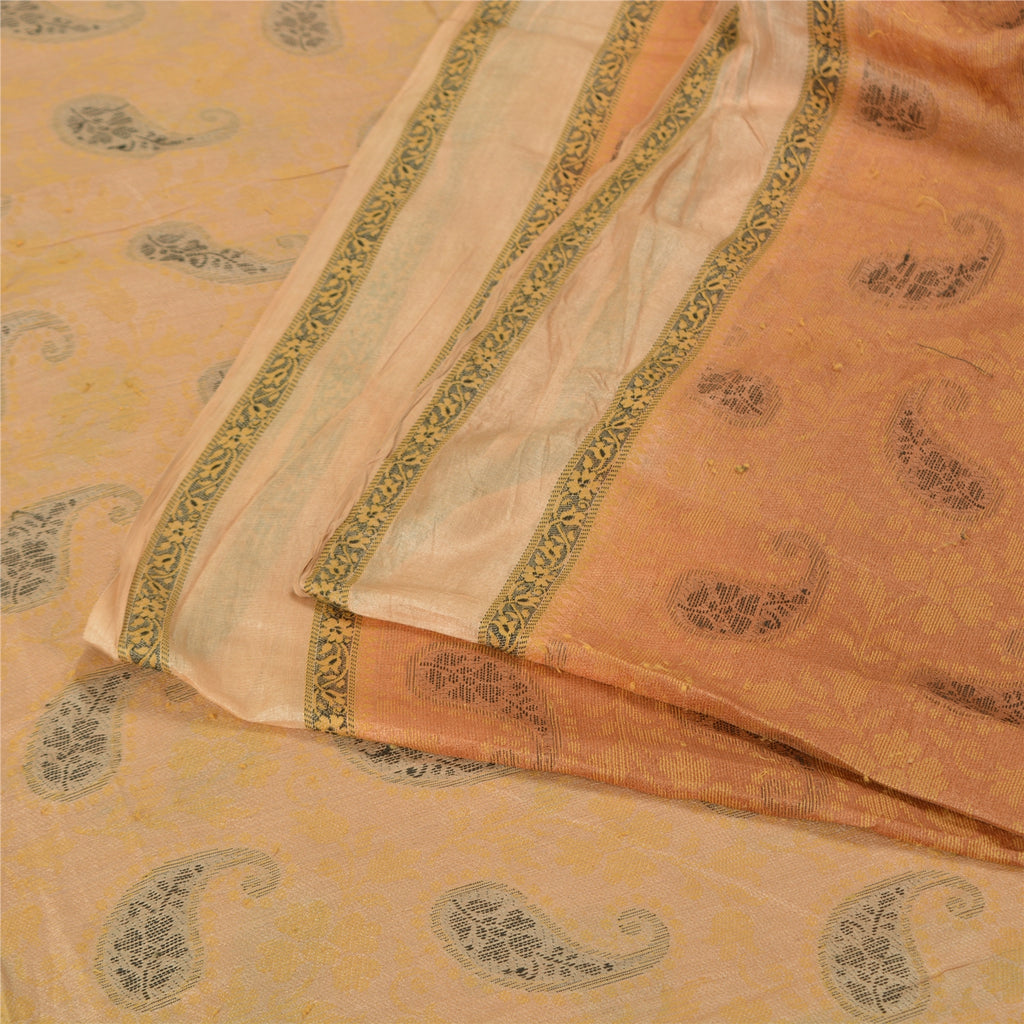 Sanskriti Vintage Peach Indian Sarees 100% Pure Silk Woven Sari Craft Sustainable Fabric