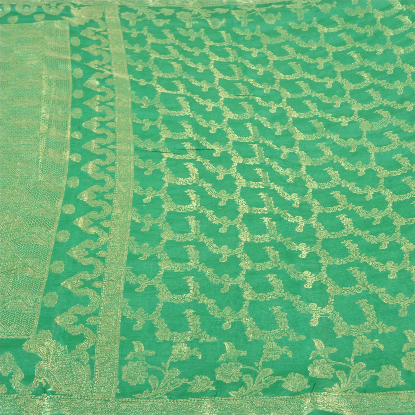 Sanskriti Vintage Green Indian Sarees 100% Pure Silk Woven Sari Craft Sustainable Fabric