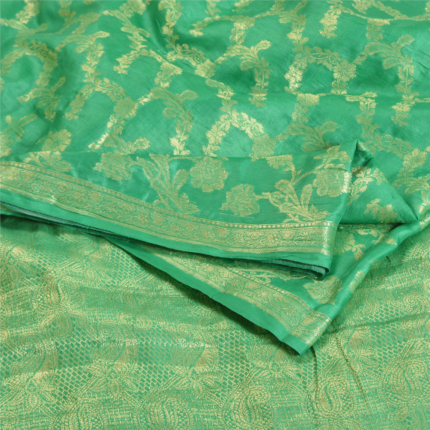 Sanskriti Vintage Green Indian Sarees 100% Pure Silk Woven Sari Craft Sustainable Fabric