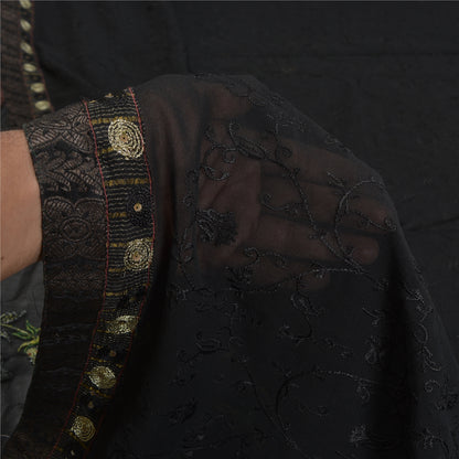 Sanskriti Vintage Black Sarees Pure Georgette Silk Embroidered Sari Sustainable Fabric