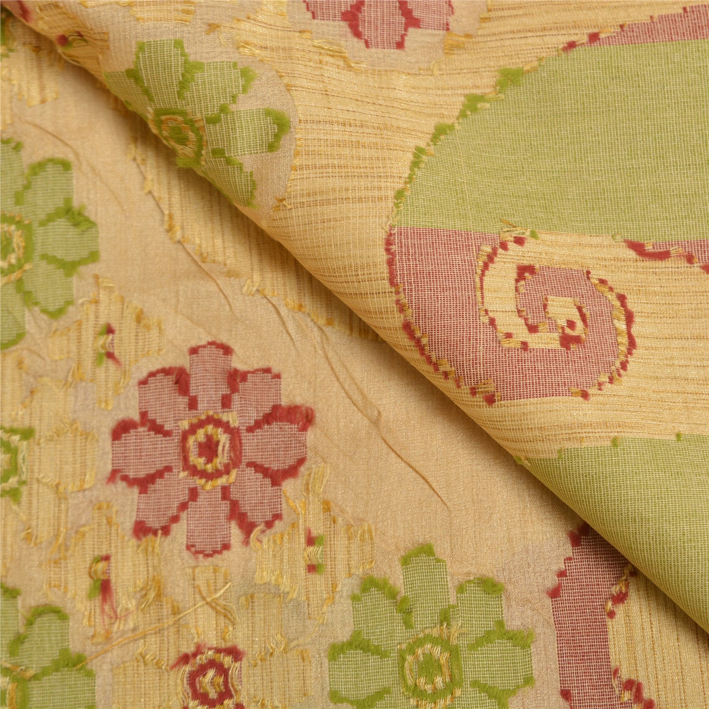 Sanskriti Vintage Cream Sarees 100% Pure Silk Woven Sari Craft 5 Yard Sustainable Fabric